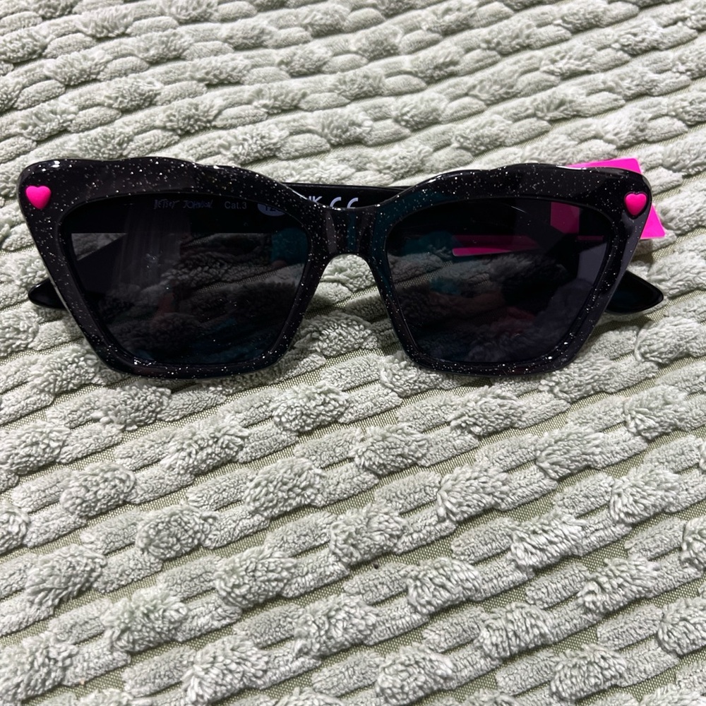 Betsey Johnson Black Glitter Sunglasses with Pink Hearts